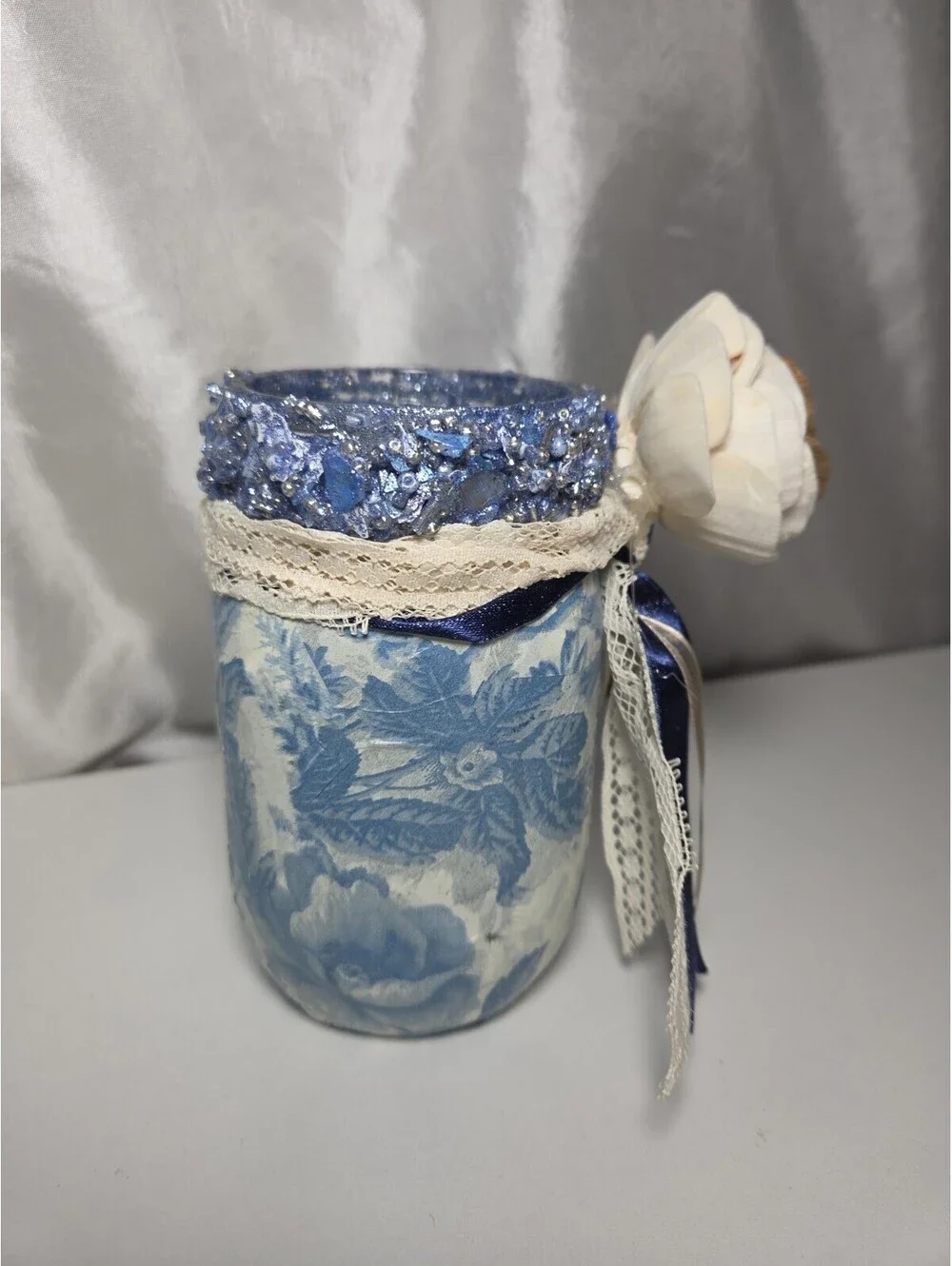 Cottagecore Decoupage Glass Jar  Wood Flower Centerpiece Upcycled Vase Decor